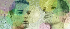 Abstrakte Grafik: Zwei Gesichter vor spiralförmigem Raster mit vielen Porträtfotos, Symbol für Vernetzung und Vielfalt.